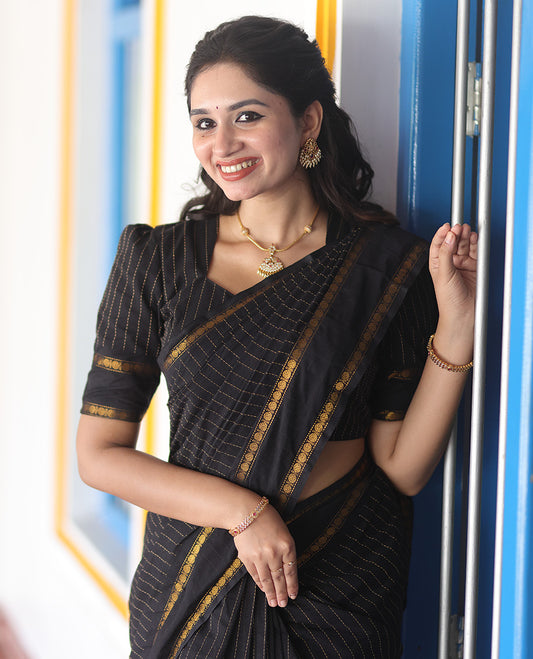 Black striped chettinad cotton saree with  rudraksham gold zari weaving border and lining chit pallu