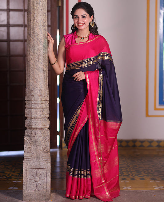 Blue Plain Art Mysore Silk Saree, Complemented by Captivating Contrast Rettai Pettu Traditional Border of Elephant Zari Buttas, Striped Pallu and Paired with a Contrast Blouse