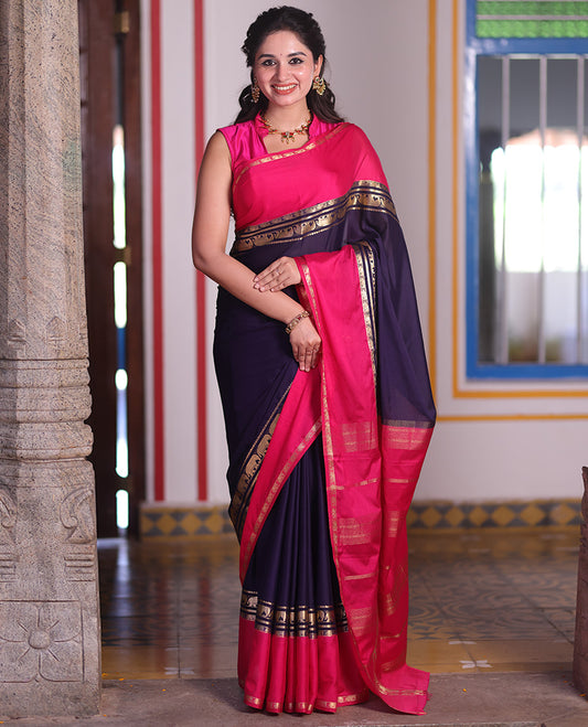 Blue Plain Art Mysore Silk Saree, Complemented by Captivating Contrast Rettai Pettu Traditional Border of Elephant Zari Buttas, Striped Pallu and Paired with a Contrast Blouse