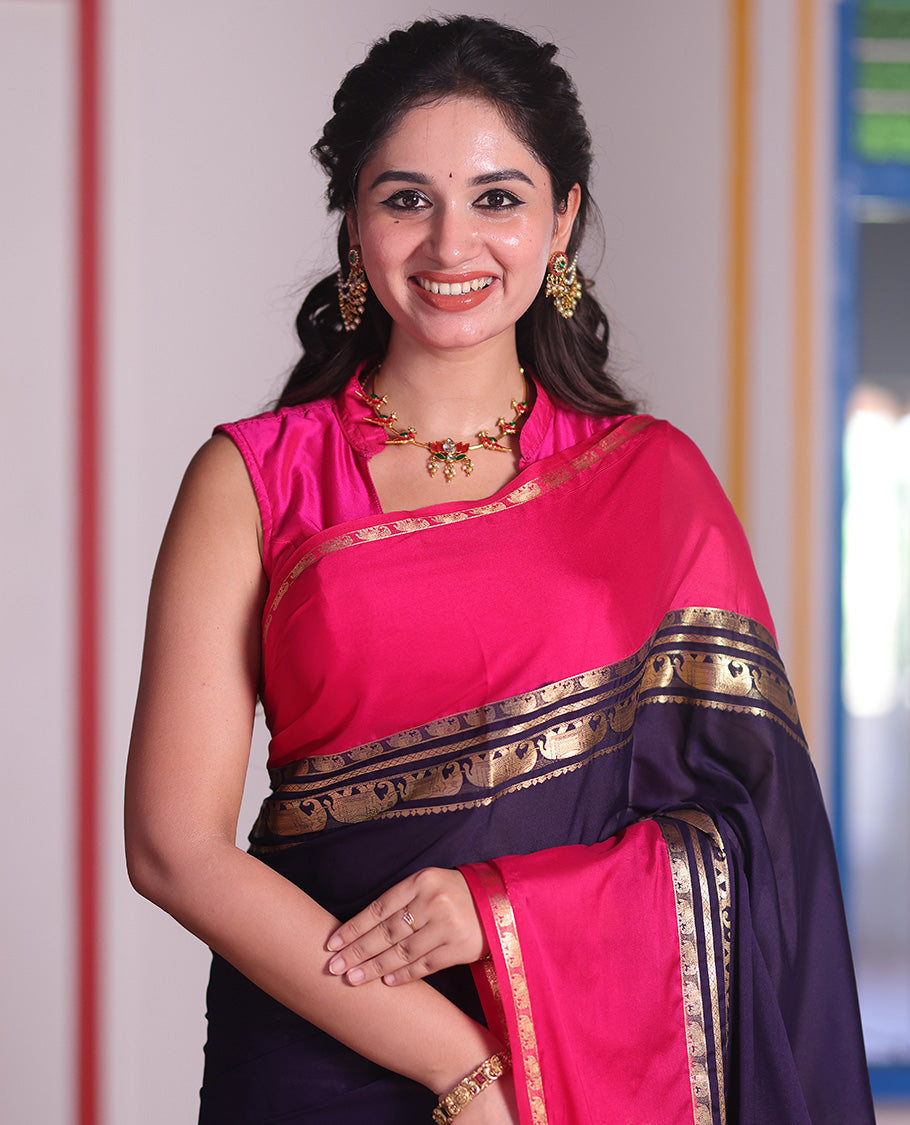 Blue Plain Art Mysore Silk Saree, Complemented by Captivating Contrast Rettai Pettu Traditional Border of Elephant Zari Buttas, Striped Pallu and Paired with a Contrast Blouse