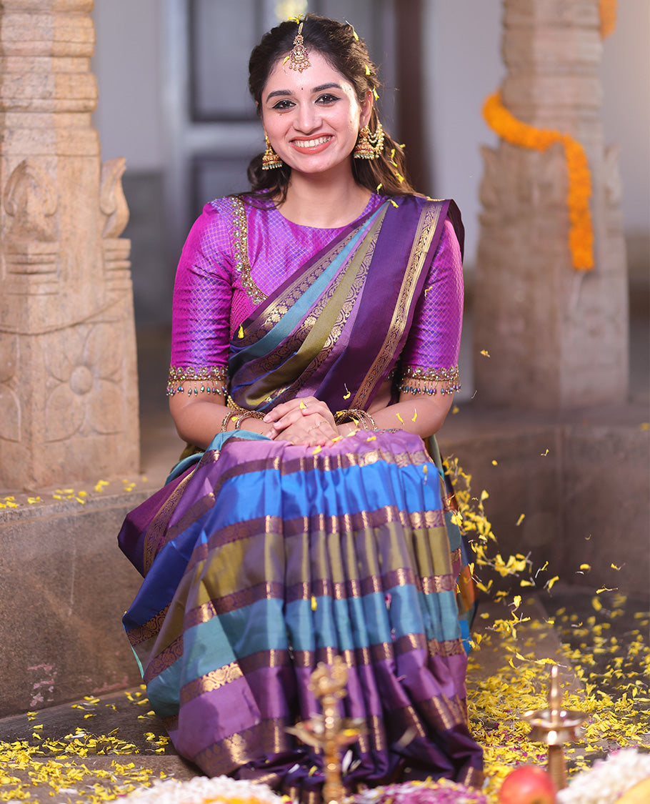 Multi Color Semi-Soft Silk Saree, Richly Detailed with Multi-color Stripes and Traditional Zari Designs On Its Body, Complemented by Contrast Rettai Pettu Traditional Zari Designs Woven Border, Grand Pallu and Paired with a Contrast Blouse