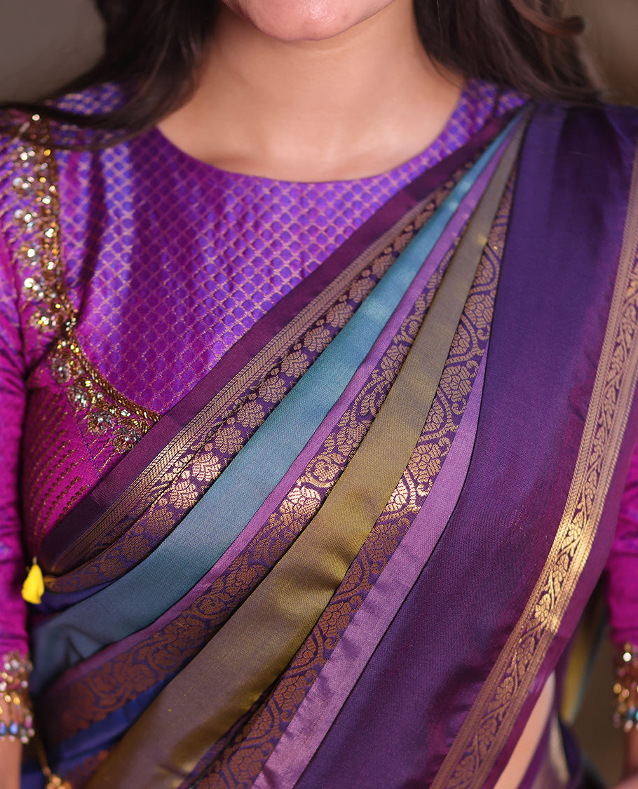 Multi Color Semi-Soft Silk Saree, Richly Detailed with Multi-color Stripes and Traditional Zari Designs On Its Body, Complemented by Contrast Rettai Pettu Traditional Zari Designs Woven Border, Grand Pallu and Paired with a Contrast Blouse