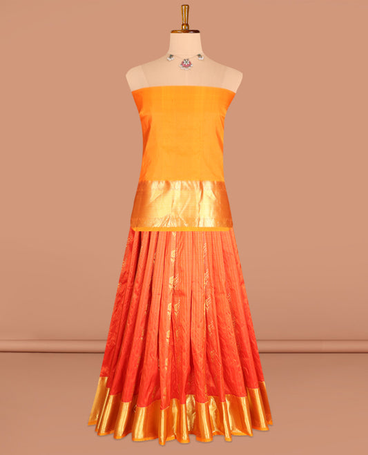 Orange Pure Silk Material Half Saree, Embellished with Zari Stripes and Zari Buttas Skirt, a Contrast Traditional Zari Border, and a Contrast Blouse