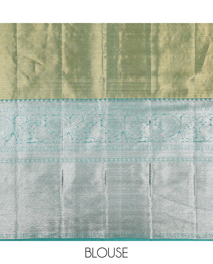 Green floral design silk half saree with contrast border of rekku, paun, muthu, banaras design, zari design blouse & floral design dhavani