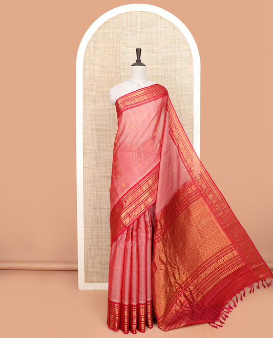 Pink Gadwal Saree Features Zari Butta Enclosed Checks, a Contrast Traditional Zari Buttas Border, Pallu of Jaal Design, and a Contrast Blouse Ornamented with Zari Designs