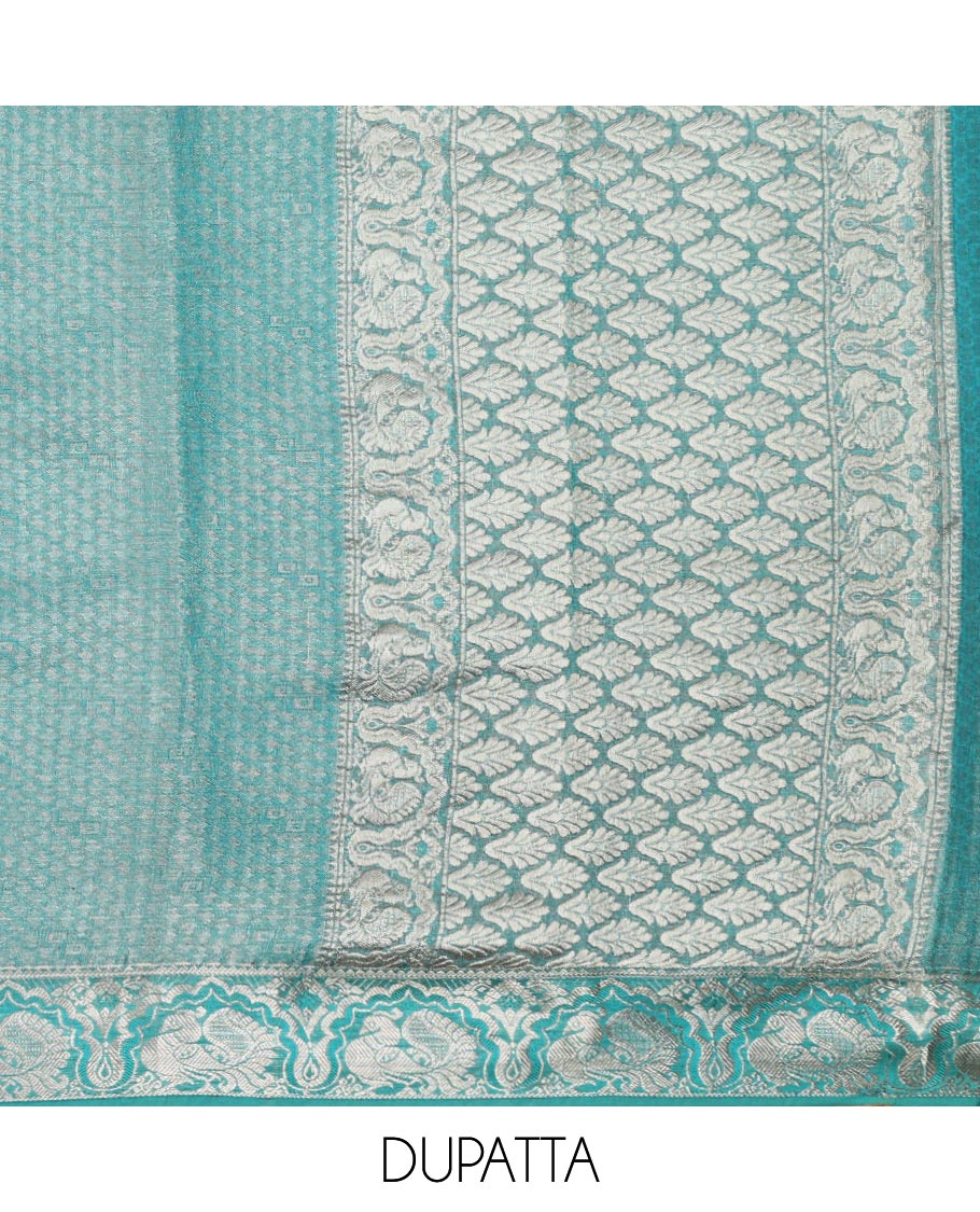 Green floral design silk half saree with contrast border of rekku, paun, muthu, banaras design, zari design blouse & floral design dhavani