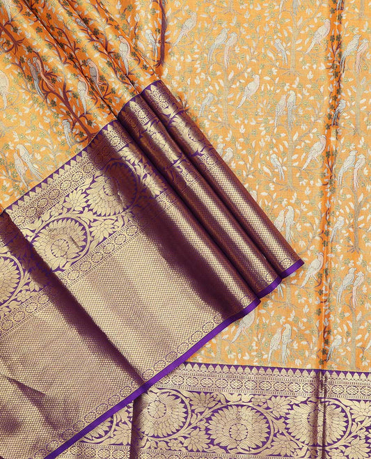 Brown floal jacquard pure silk half saree with contrast floral border , zari design blouse & intricate zari design dhavani