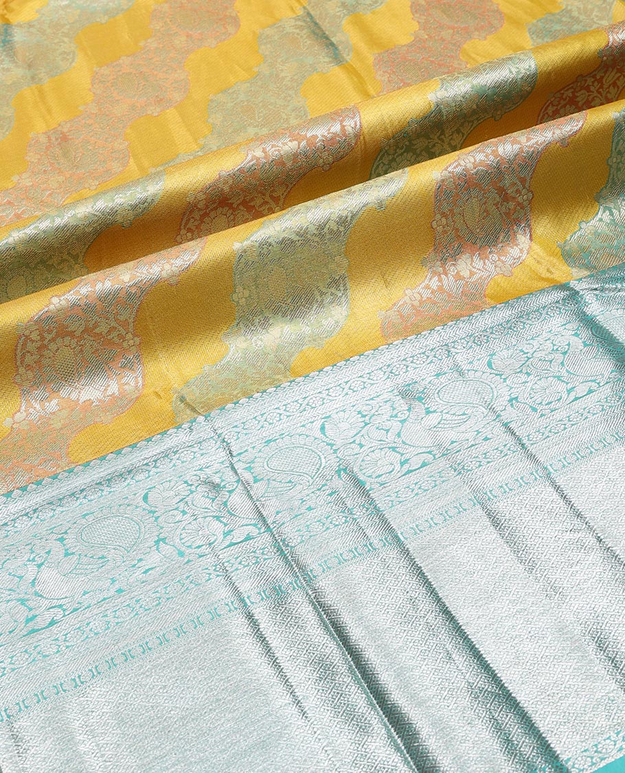 Green floral design silk half saree with contrast border of rekku, paun, muthu, banaras design, zari design blouse & floral design dhavani