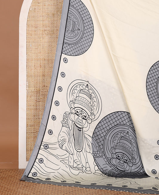 Cream printed semi-modal silk saree,  contrast grey border of kathakali motif enclosed semi-circle, kathakali printed pallu & printed blouse