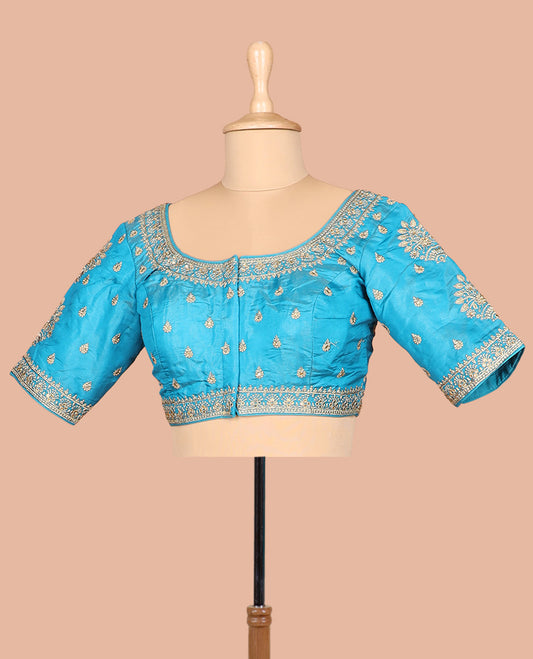 Blue thread embroidered front-and-back round elbow-sleeve readymade blouse