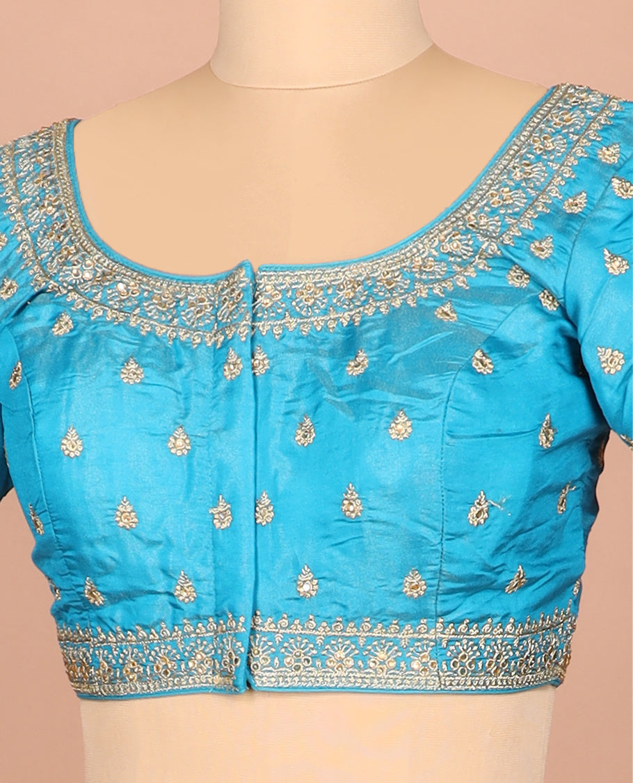 Blue thread embroidered front-and-back round elbow-sleeve readymade blouse