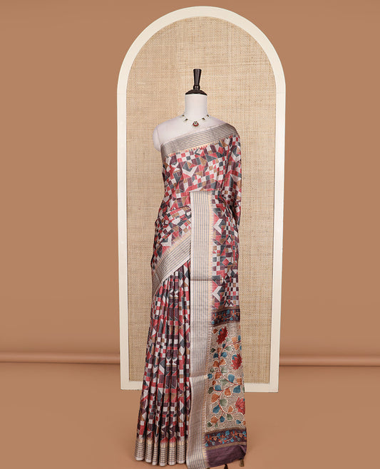 Multi-color geometric printed tussar silk saree, temple striped border, and pallu of floral vine and peacock print