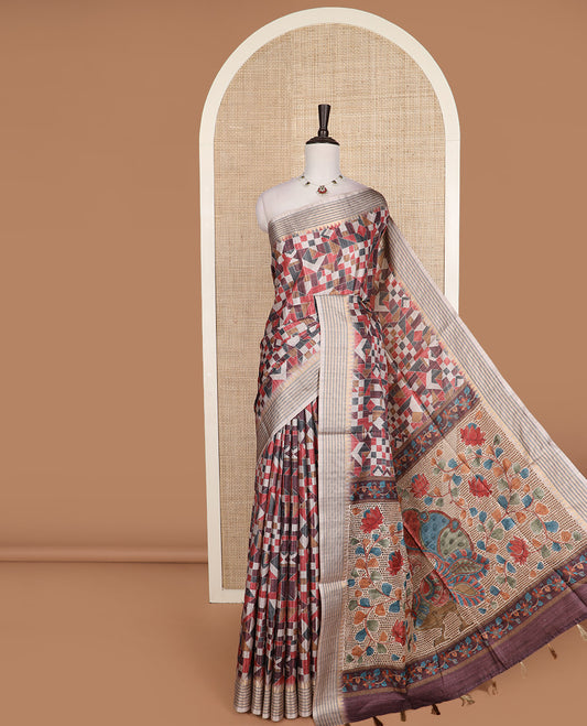 Multi-color geometric printed tussar silk saree, temple striped border, and pallu of floral vine and peacock print