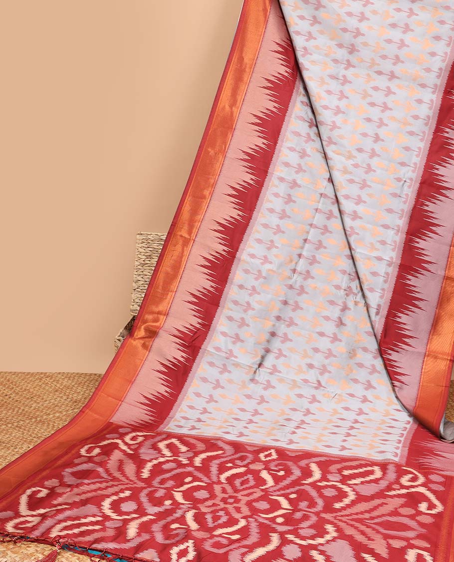 Grey ikkat floral design litchi saree with contrast temple border & intricate floral ikkat style design pallu