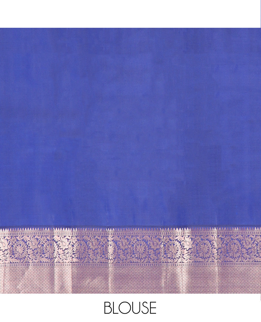 Blue zari buttas Vasundhara silk saree, contrast border of rekku, kodi visiry, and jaal designs, and zari-rich jaal pallu