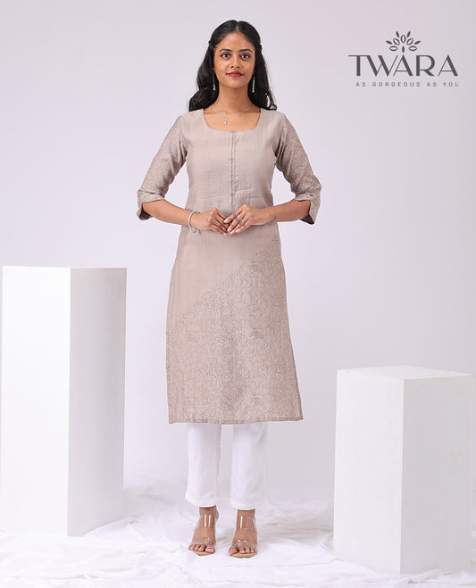 Twara Grey floral embroidery square neck, knee length , elbow sleeve kurti