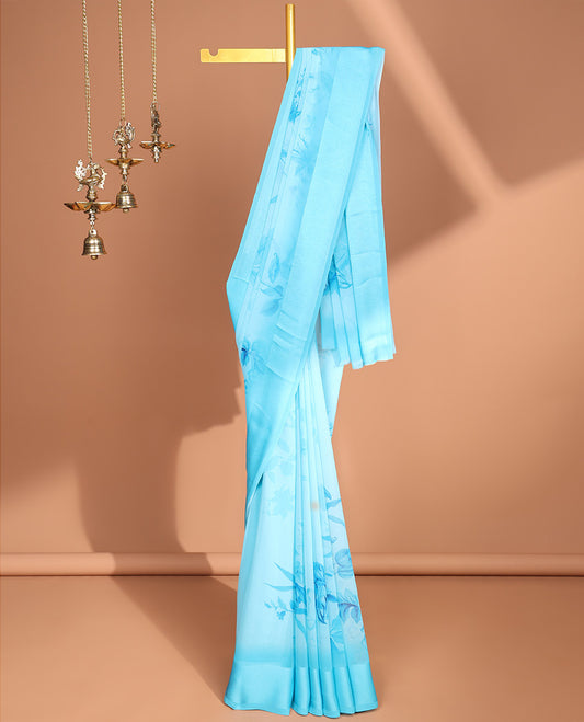 Blue digital floral print georgette saree with satin border & self pallu