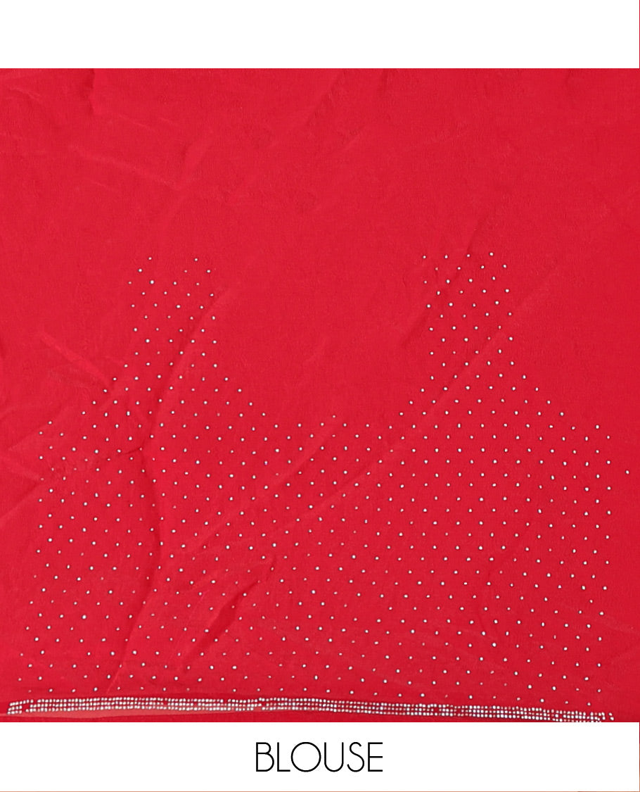 Red Designer Saree, Beautified with Stone Work On Its Body, Highlighted by Intricately Stone Work Border, and Paired with a Matching Blouse