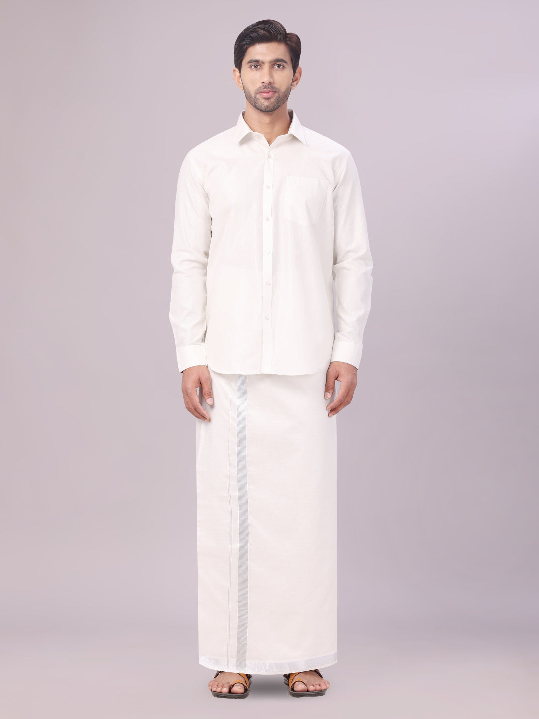 Men's Tissue Silver Color Flexi Dhoti Shirt Wedding Combo Maverick Flexi