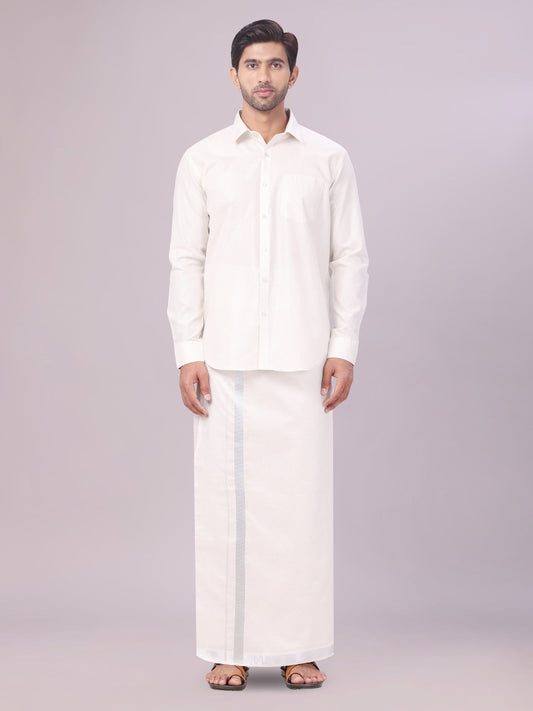 Men's Tissue Silver Color Flexi Dhoti Shirt Wedding Combo Maverick Flexi