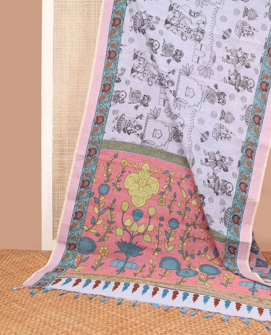 White human figures, village theme design machine printed soft cotton saree with contrast floral border & floral design pallu