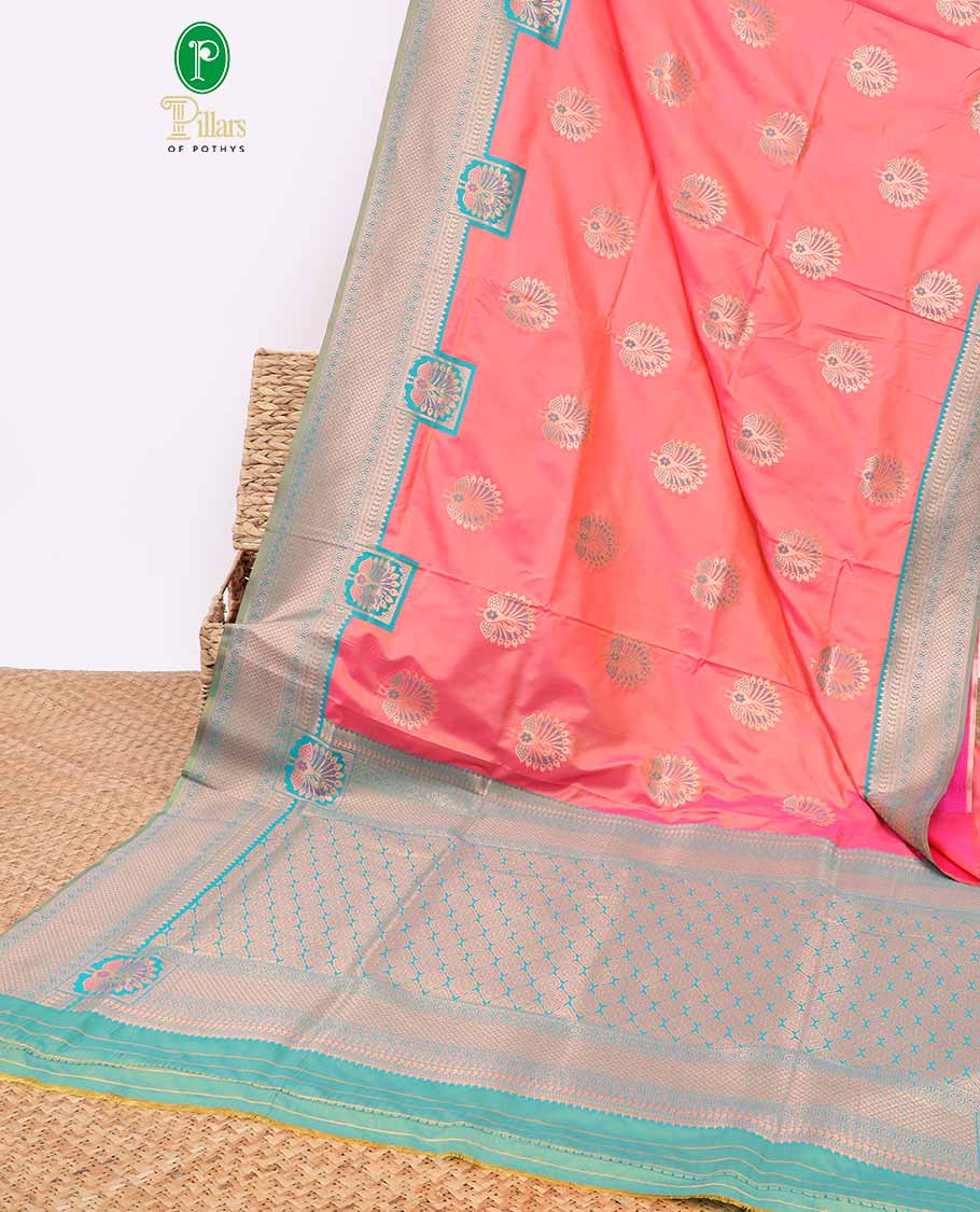 Pink peacock buttas malbari soft silk saree with contrast rich zari border & jacquard design pallu