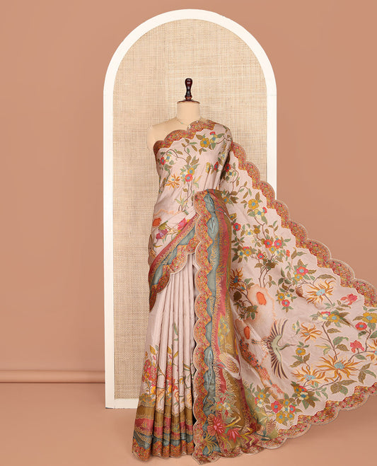 Beige Dola Silk Saree, Beautified with Meenakari-Style Flora-Fauna Motifs Printed on Its Body, Scallop Kaleidoscope-Colored Printed Border, Pallu of the Same Print, and Paired with a Matching Blouse