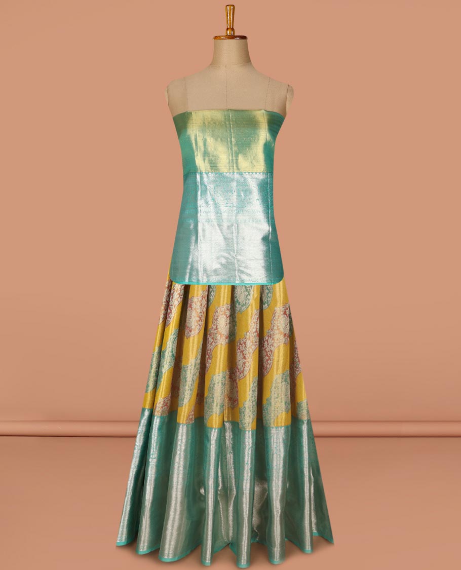 Green floral design silk half saree with contrast border of rekku, paun, muthu, banaras design, zari design blouse & floral design dhavani