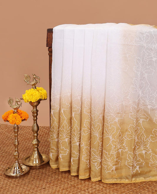 Mustard thread embroidery kotta cotton saree with lace border & lace border pallu along with plain blouse