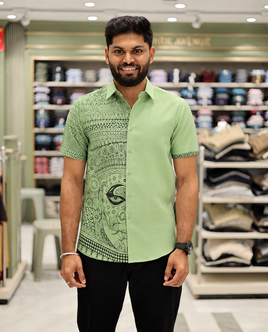Green Cotton-Blended Casual Shirt Features Onam-Themed Print, Half-Sleeves, a Spread Collar, a Regular Fit, and a Regular Length