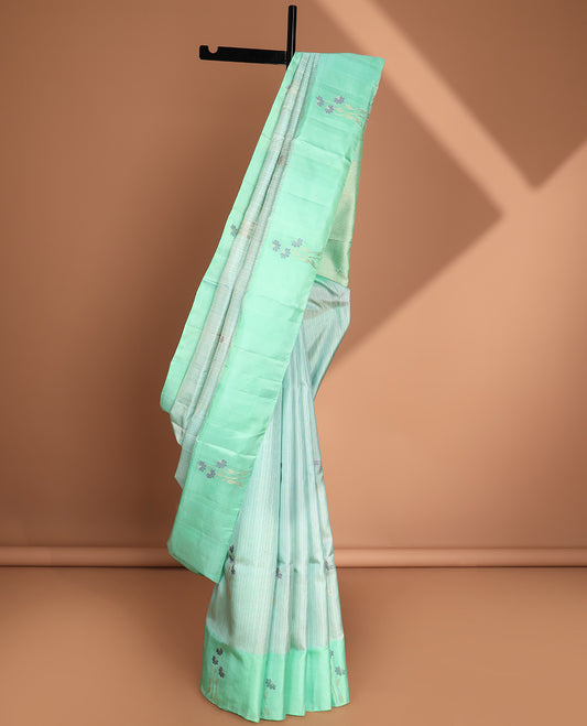Blue striped soft silk saree with buttas, contrast floral design border & pallu of intricate designs