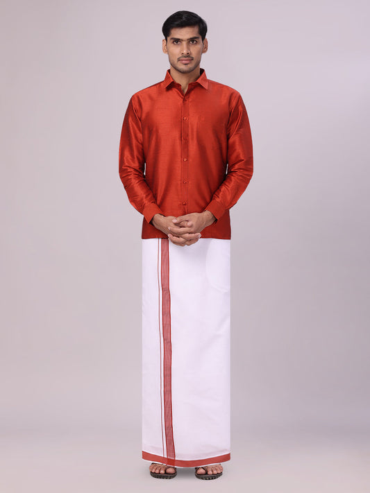 Mens Brick Red Dupion Satin Color Shirt with Matching Border Flexi Dhoti Combo Gora Flexi