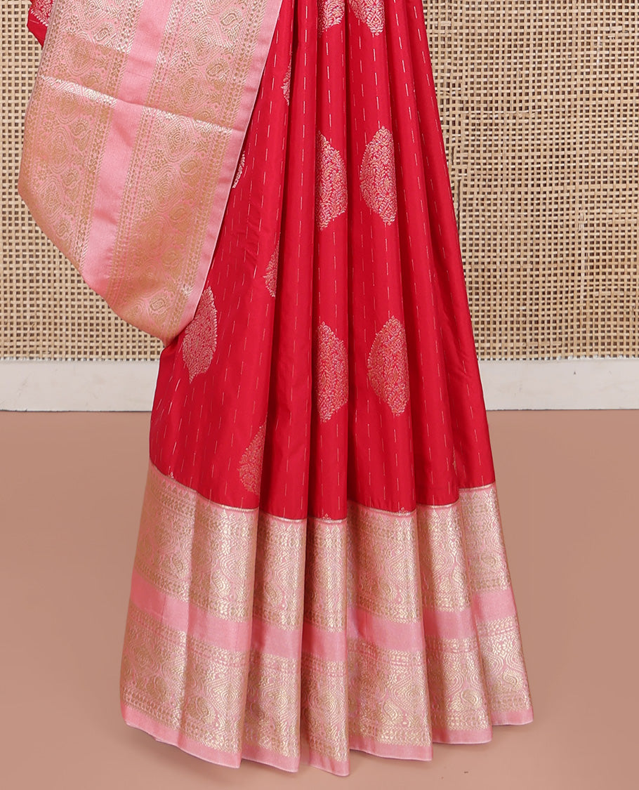 Red Budget Silk Saree, Artfully Detailed with Zari Buttas All Over Its Body, Complemented by Contrast Traditional Zari Design Rettai Pettu Border, Majestically Zari Detailed Pallu, and Paired with a Contrast Blouse