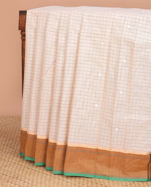 Cream checked chettinad cotton saree with contrast temple border