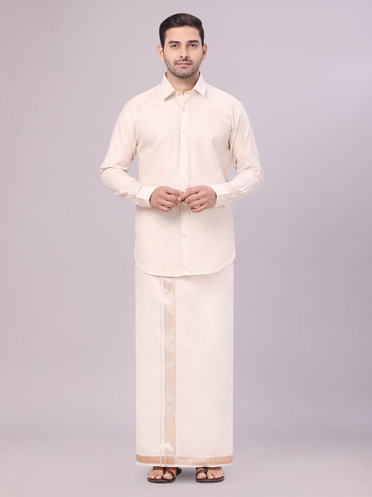 Mens Tissue Light Copper Shirt with Jacquard Fancy Border Flexi Dhoti Wedding Combo Nios