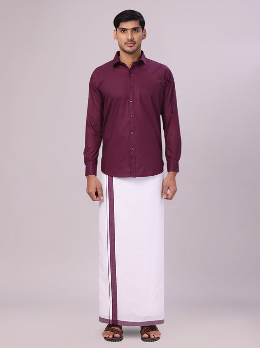 Men's Dark Wine Color Shirt with Matching Border Dhoti Combo Casper