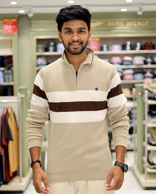 Cream Cotton-Blended T-Shirt Features Strip Blocks, Full-Sleeves, a Polo Neck, a Slim Fit, and a Regular Length