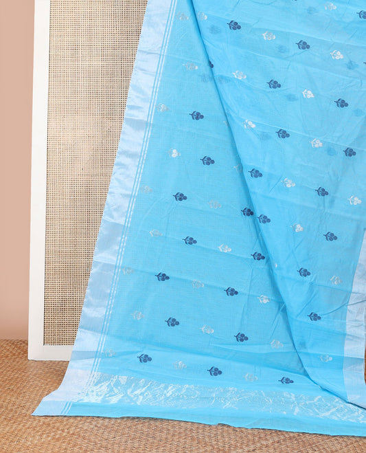 Light blue floral motifs chanderi cotton saree with self zari design border & striped pallu