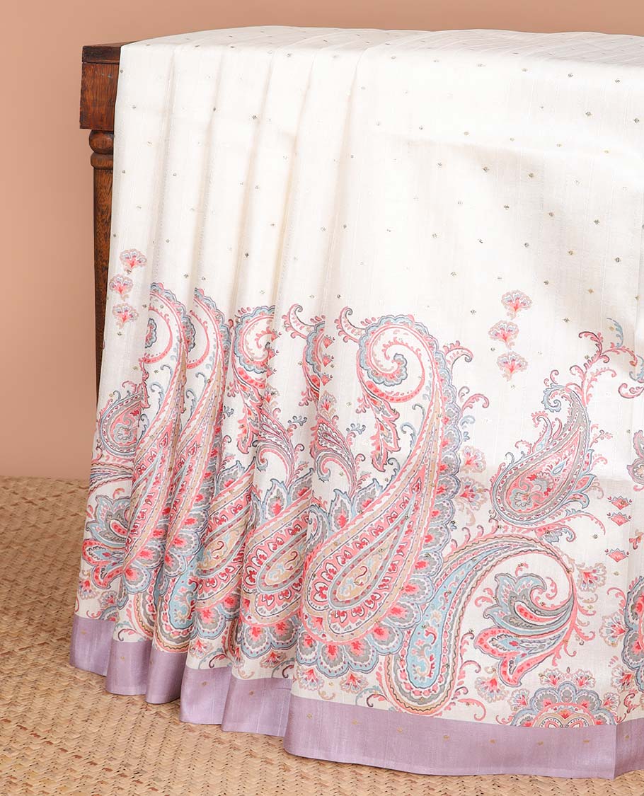 Cream mukesh print semi-banaras tussar saree with contrast plain border & paisley motifs pallu