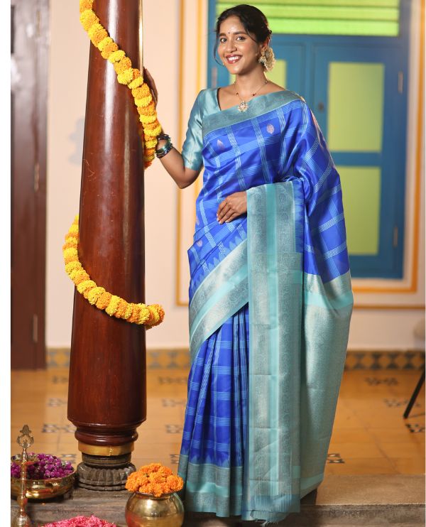 Blue Art Kanchi Silk Saree Features Butta Enclosed Checks, a Contrast Temple Rettai Pettu Border, Grand Pallu, and a Contrast Blouse