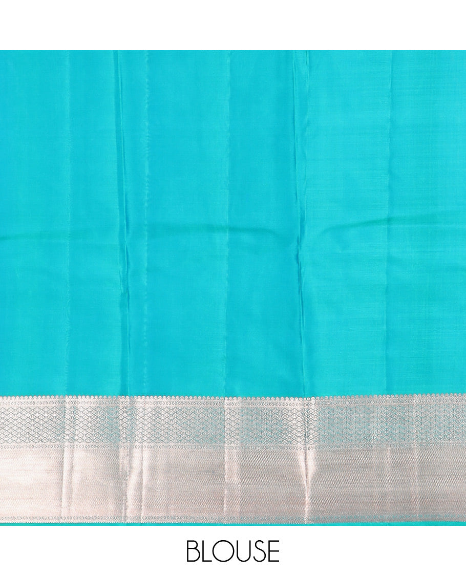 Peacock blue floral jaal jacquard Vasundhara silk mix saree, zari border of thilakam mokku, lavangam, and jaal designs, intricate pallu, and zari design blouse