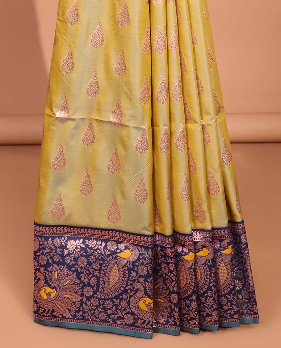 Green Zari buttas malbari soft silk saree with contrast meena border & meena buttas pallu