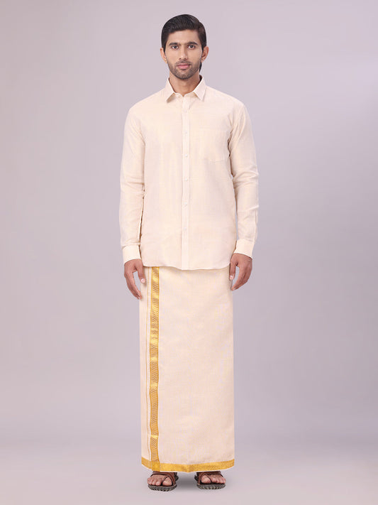 Mens Gold Tissue Jacquard Shirt with Matching Dhoti Combo Zeus