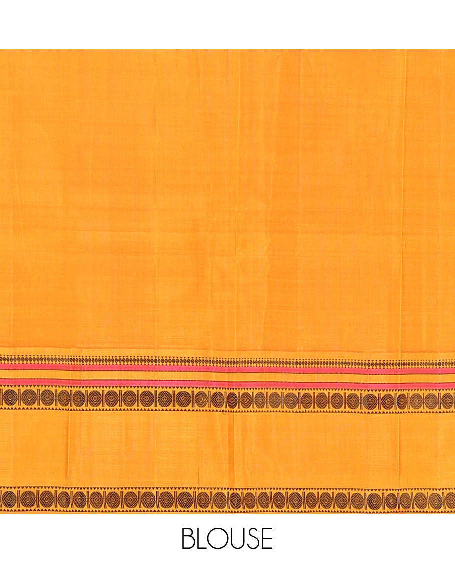 Black Plain Kanchipuram Silk Saree, Complemented by Captivating Contrast Rettai Pettu Border of Rekku, Muthu, and Rudraksham Designs, a Subtle Pallu of Thread Weave, and Paired with a Contrast Blouse
