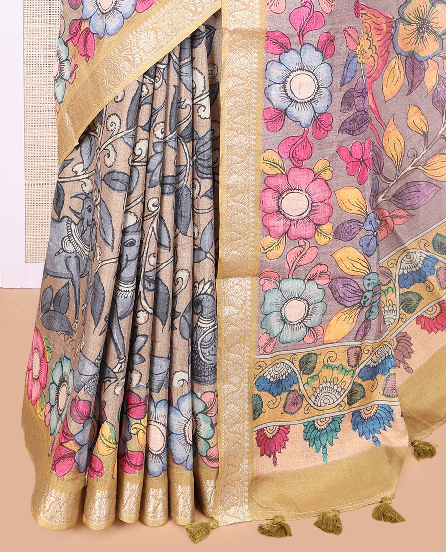 Pale Brown Kalamkari Printed Fancy Tussar Saree