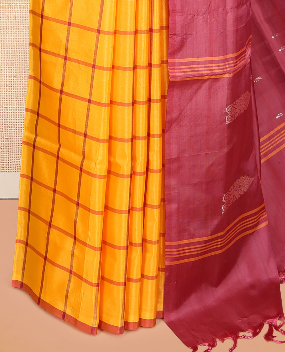 Borderless Orange Checked Banana Pith Saree, a Contrast Pallu of Buttas and Stripes, and a Contrast Blouse