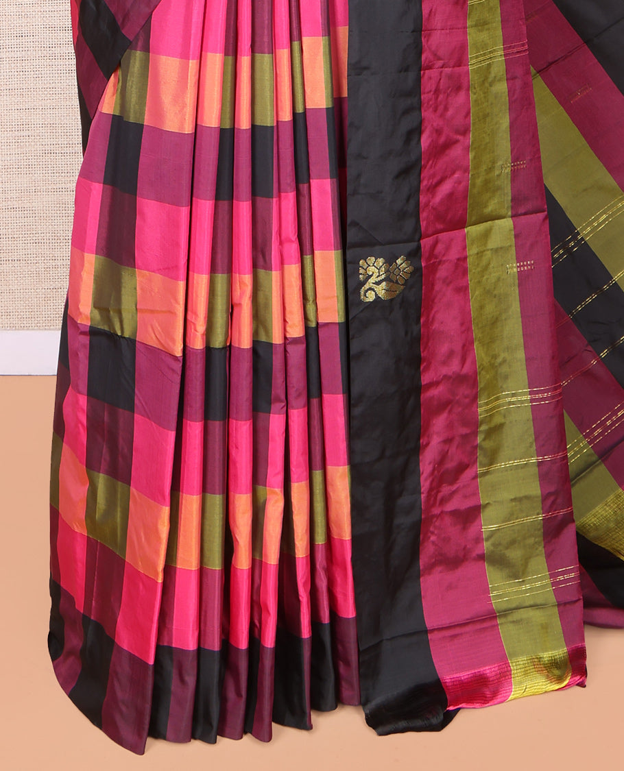 Borderless Multi-Color Checked Arani Saree, Adorned with Zari Buttas, a Pallu of Zari Stripes, and a Matching Blouse