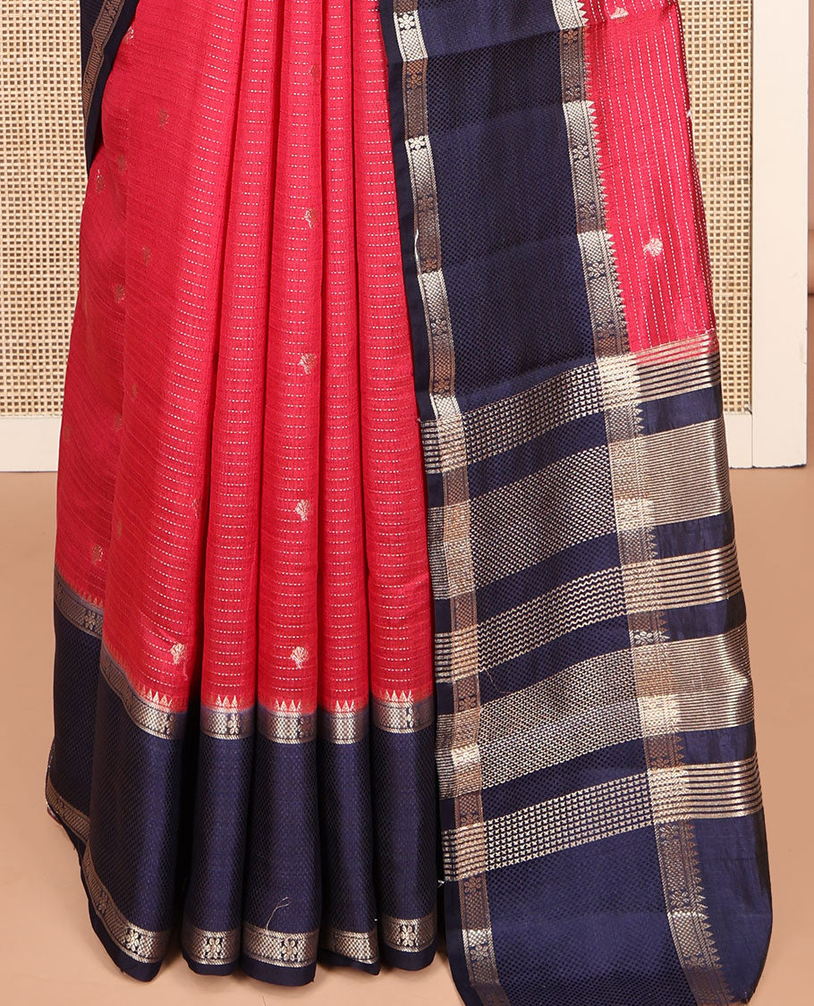 Red Dupion Silk Saree, Finely Crafted with Zari Stripes and Buttas, Complemented by a Contrast Traditional Zari Design Border, Striped Pallu, and a Contrast Blouse