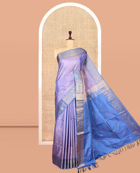 Violet Banana Pith Saree, Woven with Thread Buttas, a Contrast Traditional Zari Border, Pallu of Buttas, and a Contrast Blouse