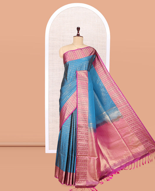 Blue Peacock Checks Budget Silk Saree
